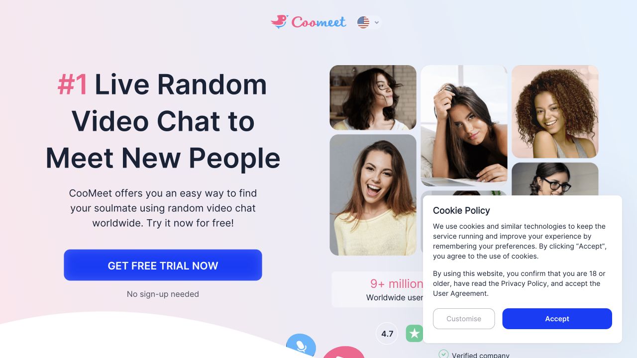 CooMeet public landing page with its cookie and adults-only notice visible