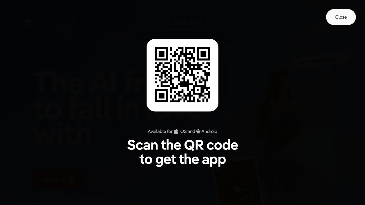 Replika homepage start flow showing a QR code for the mobile app