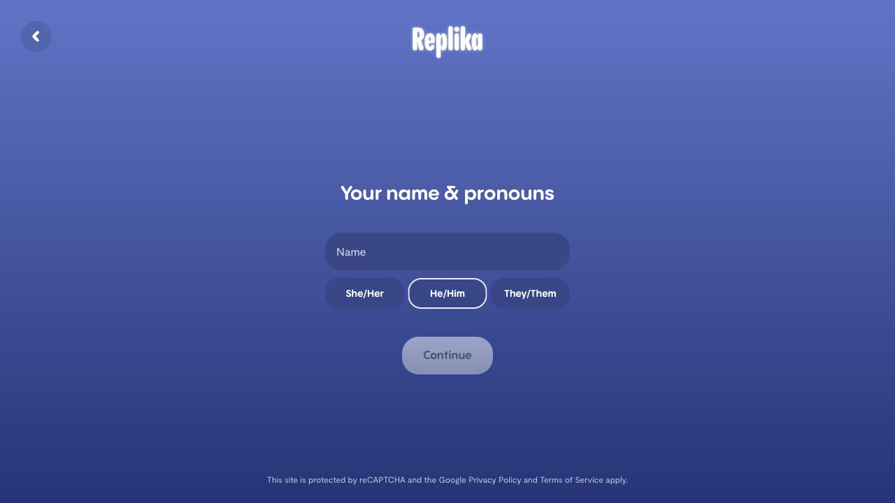 Replika legacy web onboarding asking for a display name and pronouns