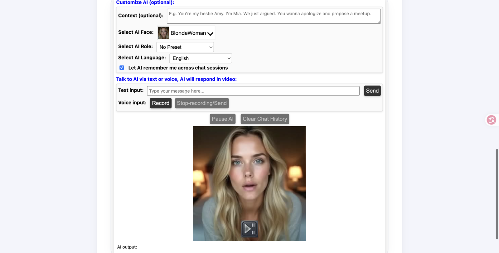 TalkPersona live no-signup interface with text, voice, avatar, language, and memory controls