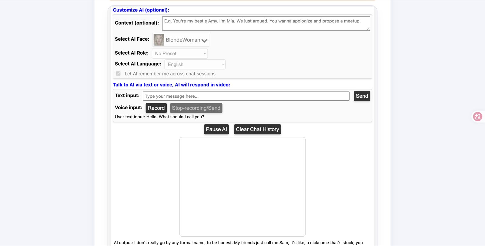 TalkPersona text response below a blank generated-video canvas